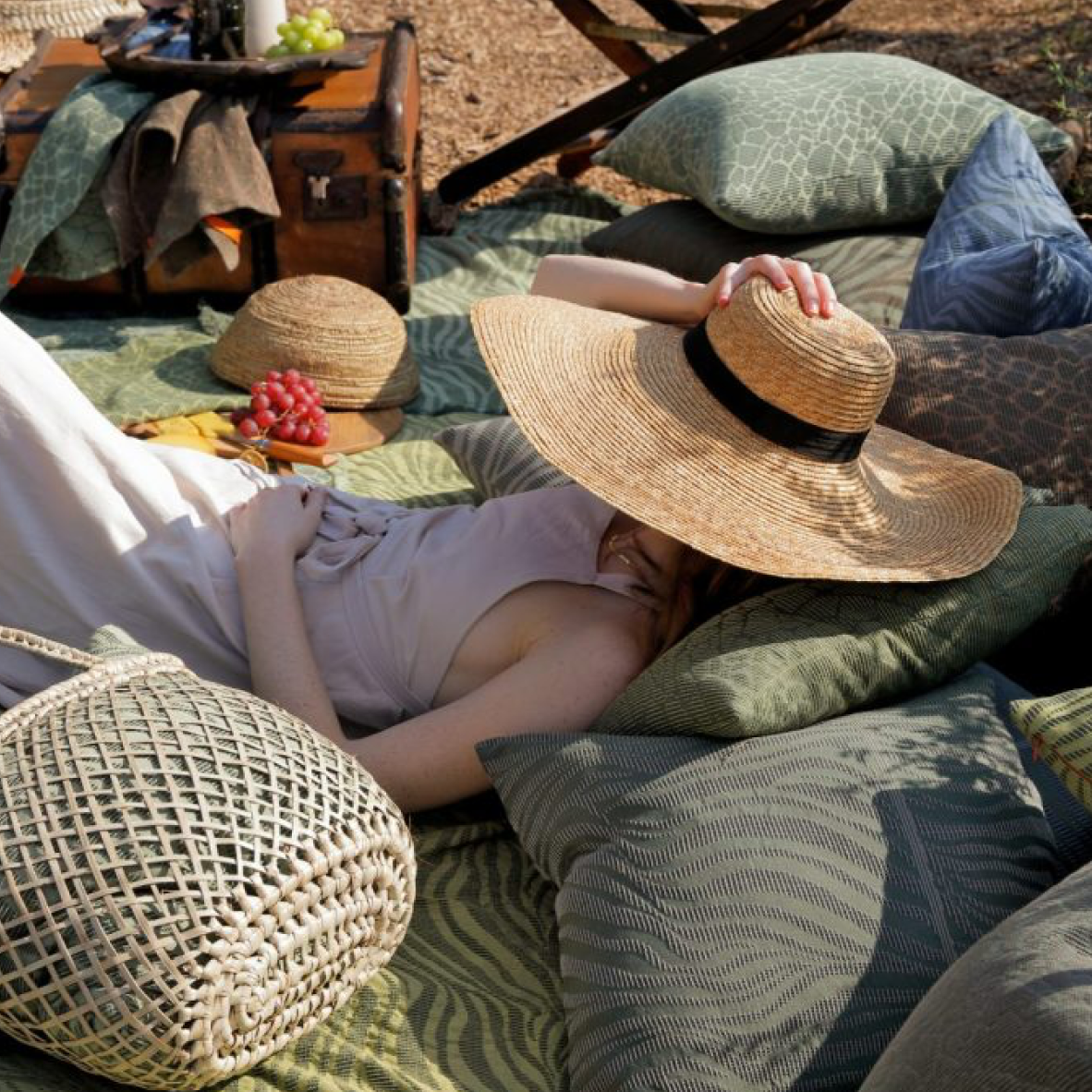 Person lying on a blanket with pillows and a straw hat, surrounded by picnic items.