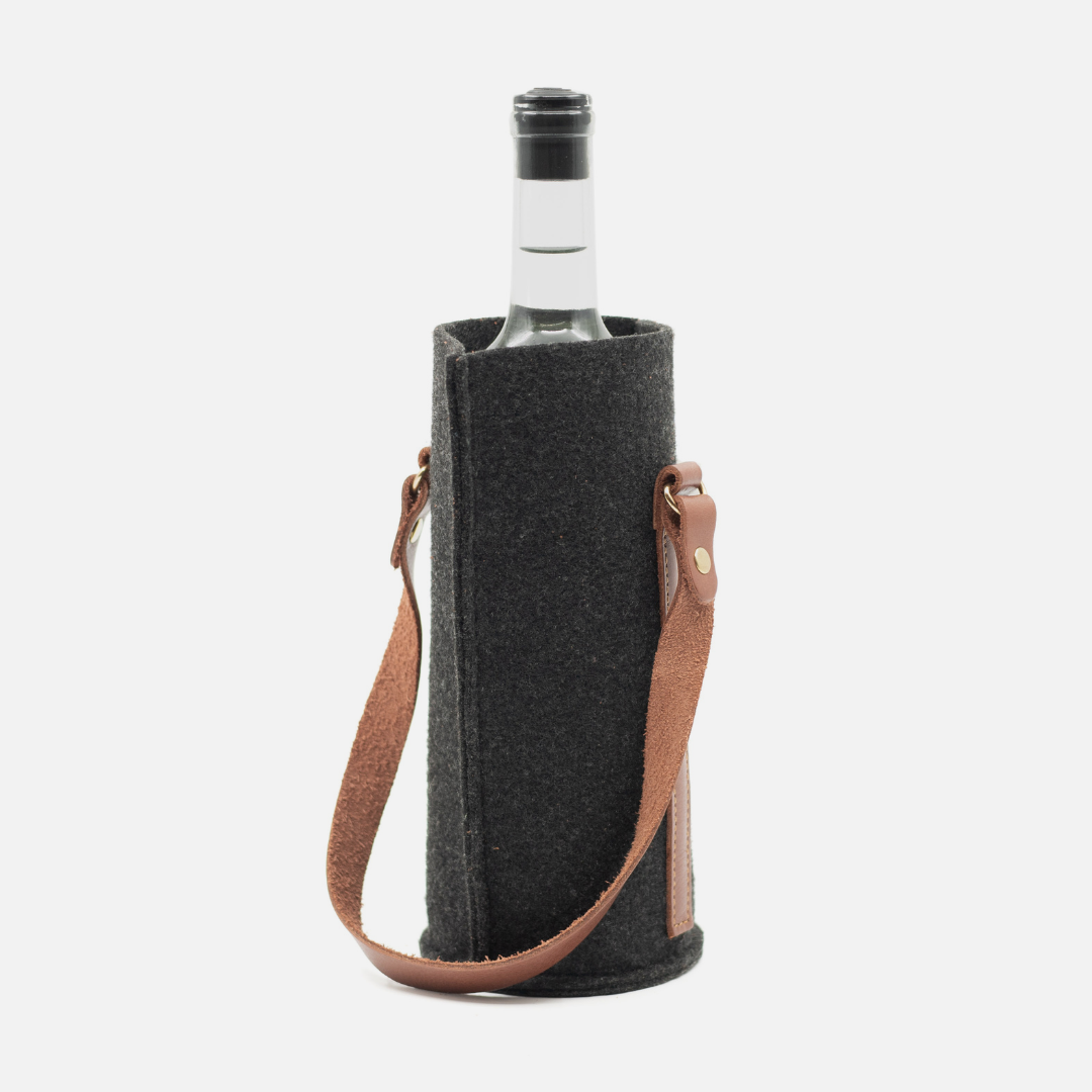 Single Wine Carrier - Charcoal + Tan Leather