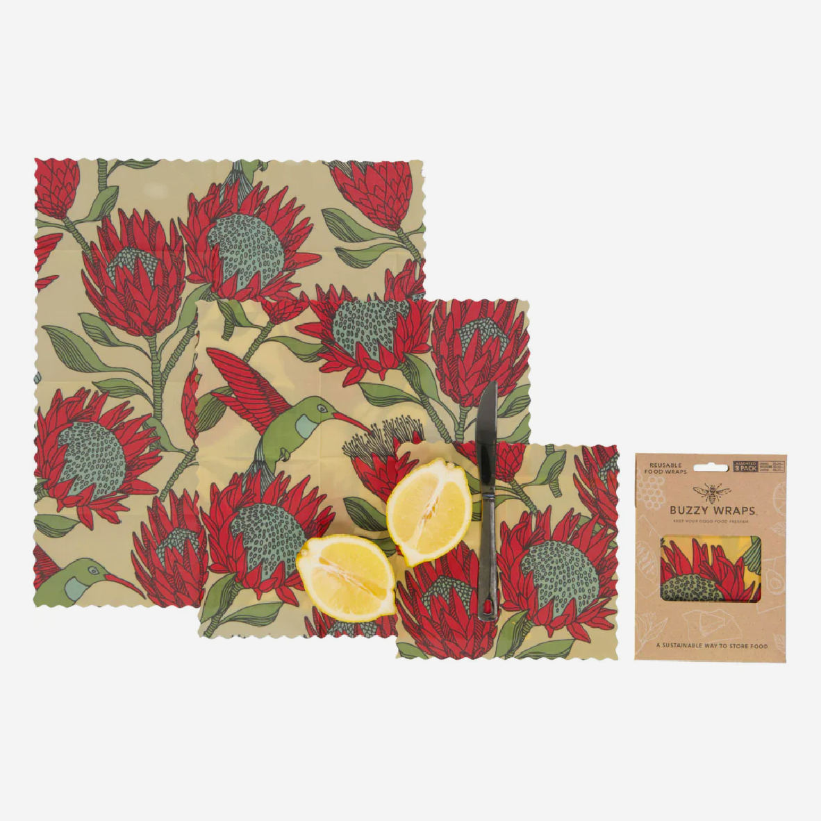 Buzzy Wraps - Set of 3 - Protea Red on White