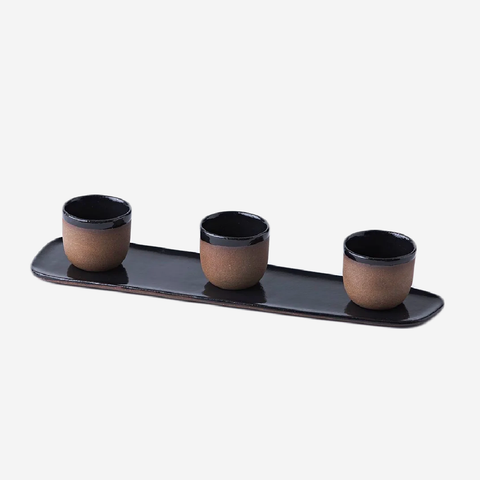 Ceramic Contour Tray With Ramekins - Black