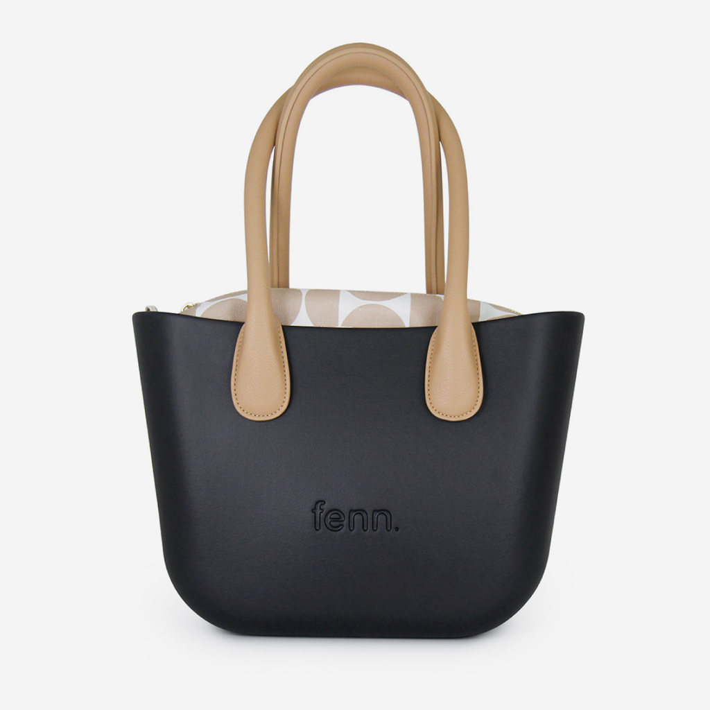 Petite Handbag - Black - Half Circles Inner - Light Tan Handle