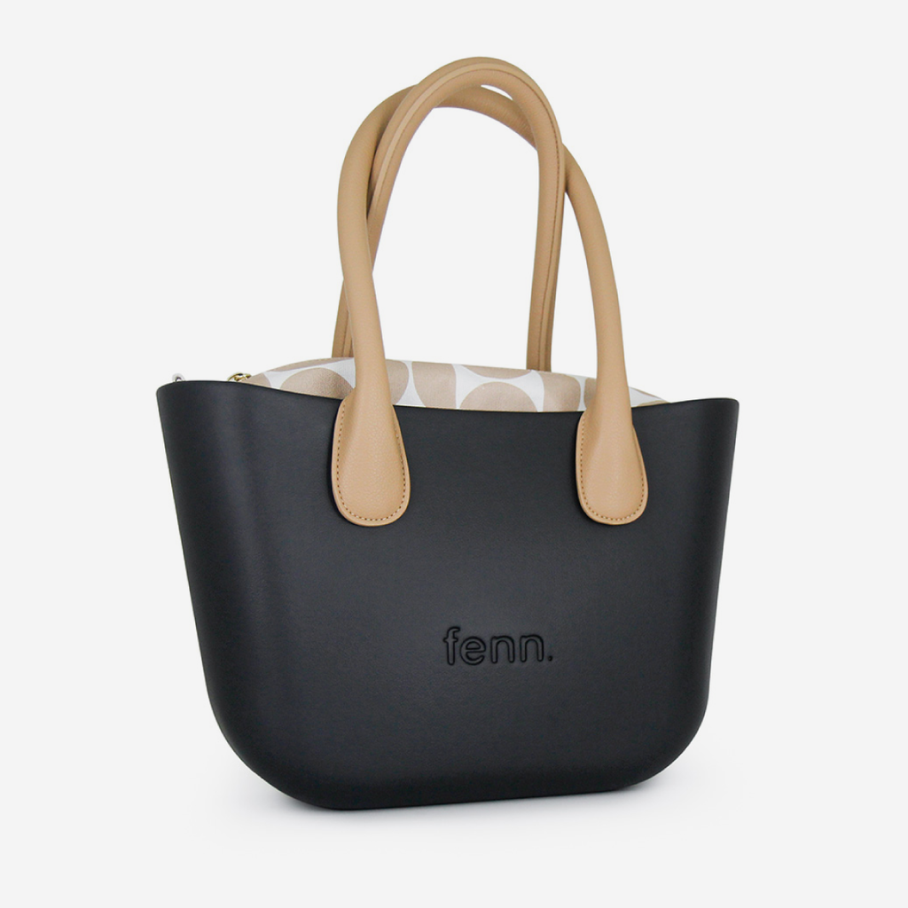Petite Handbag - Black - Half Circles Inner - Light Tan Handle