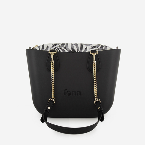 Petite Handbag - Black - Leaves Inner - Black Handle - Gold Chain
