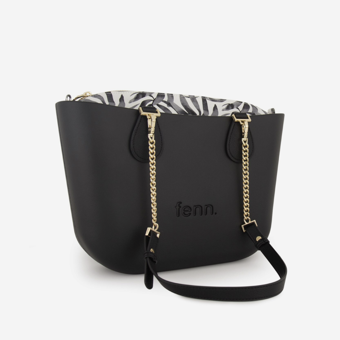 Petite Handbag - Black - Leaves Inner - Black Handle - Gold Chain