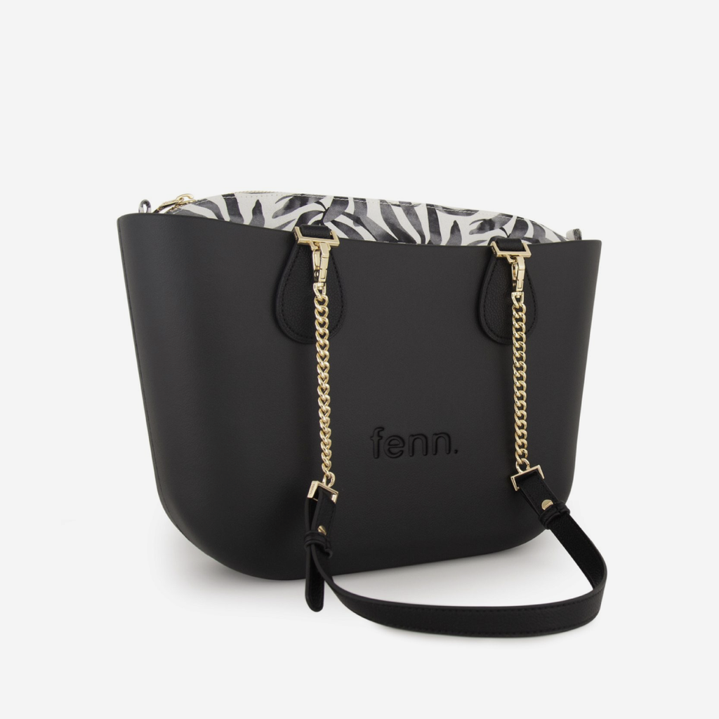 Petite Handbag - Black - Leaves Inner - Black Handle - Gold Chain