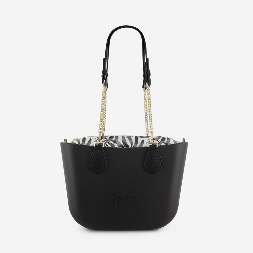 Petite Handbag - Black - Leaves Inner - Black Handle - Gold Chain