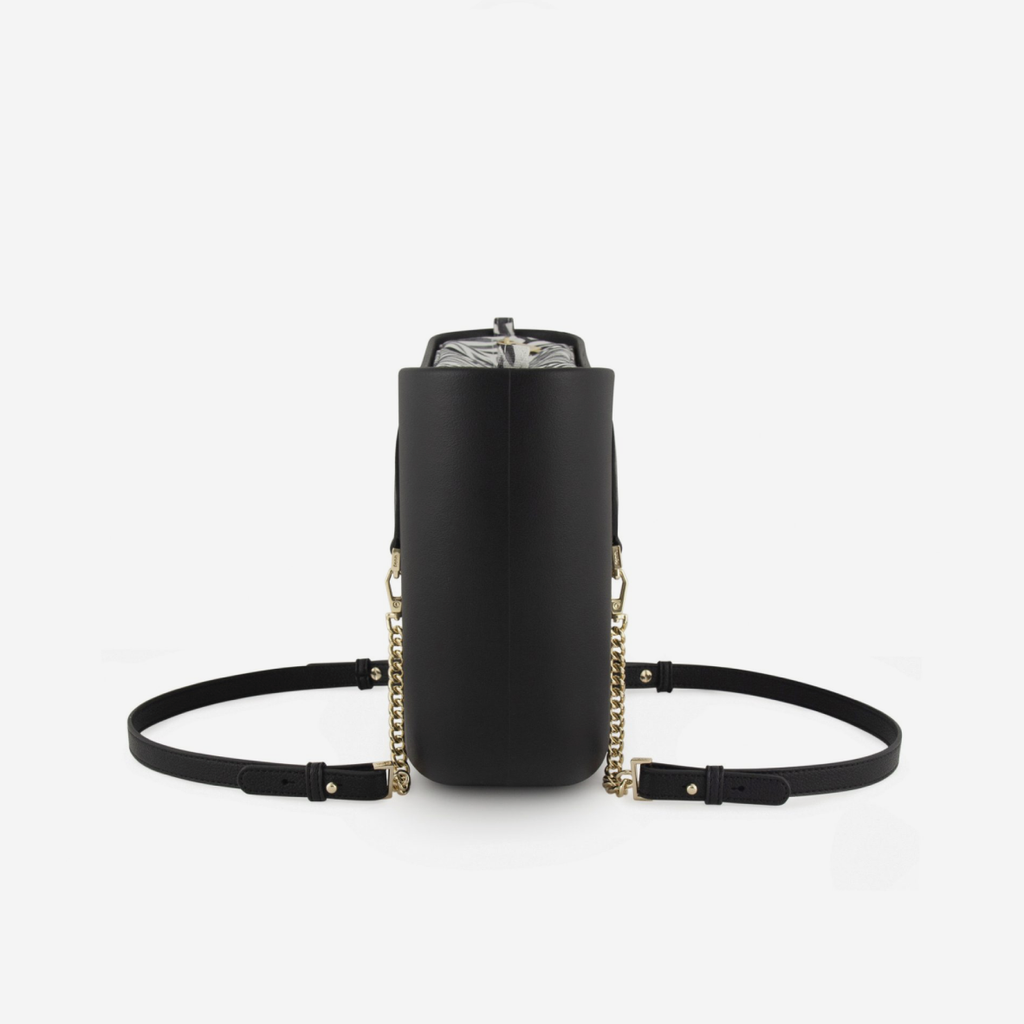 Petite Handbag - Black - Leaves Inner - Black Handle - Gold Chain