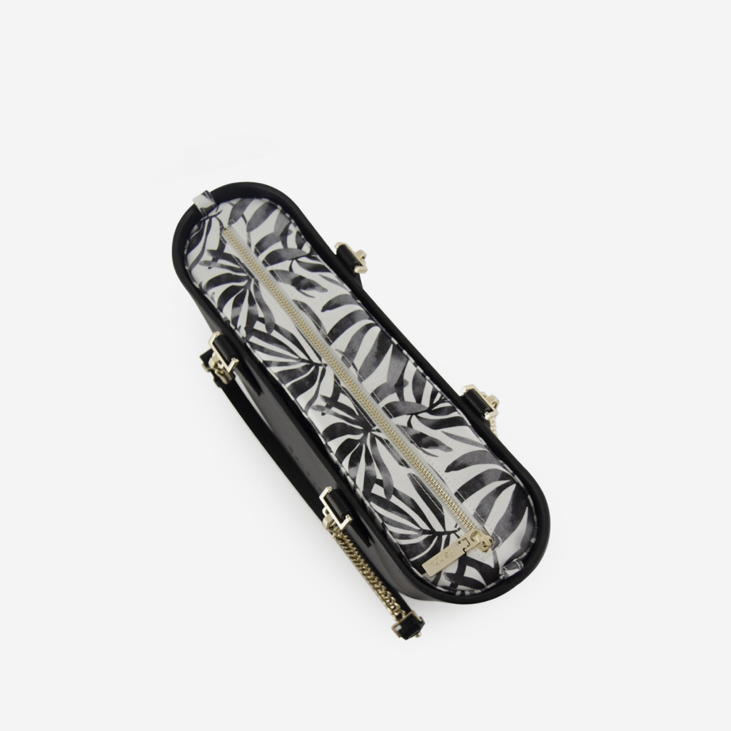 Petite Handbag - Black - Leaves Inner - Black Handle - Gold Chain