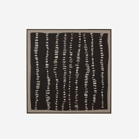 A square abstract art print featuring vertical white textured lines on a dark charcoal background, framed by a thin brown border and a light gray outer margin.