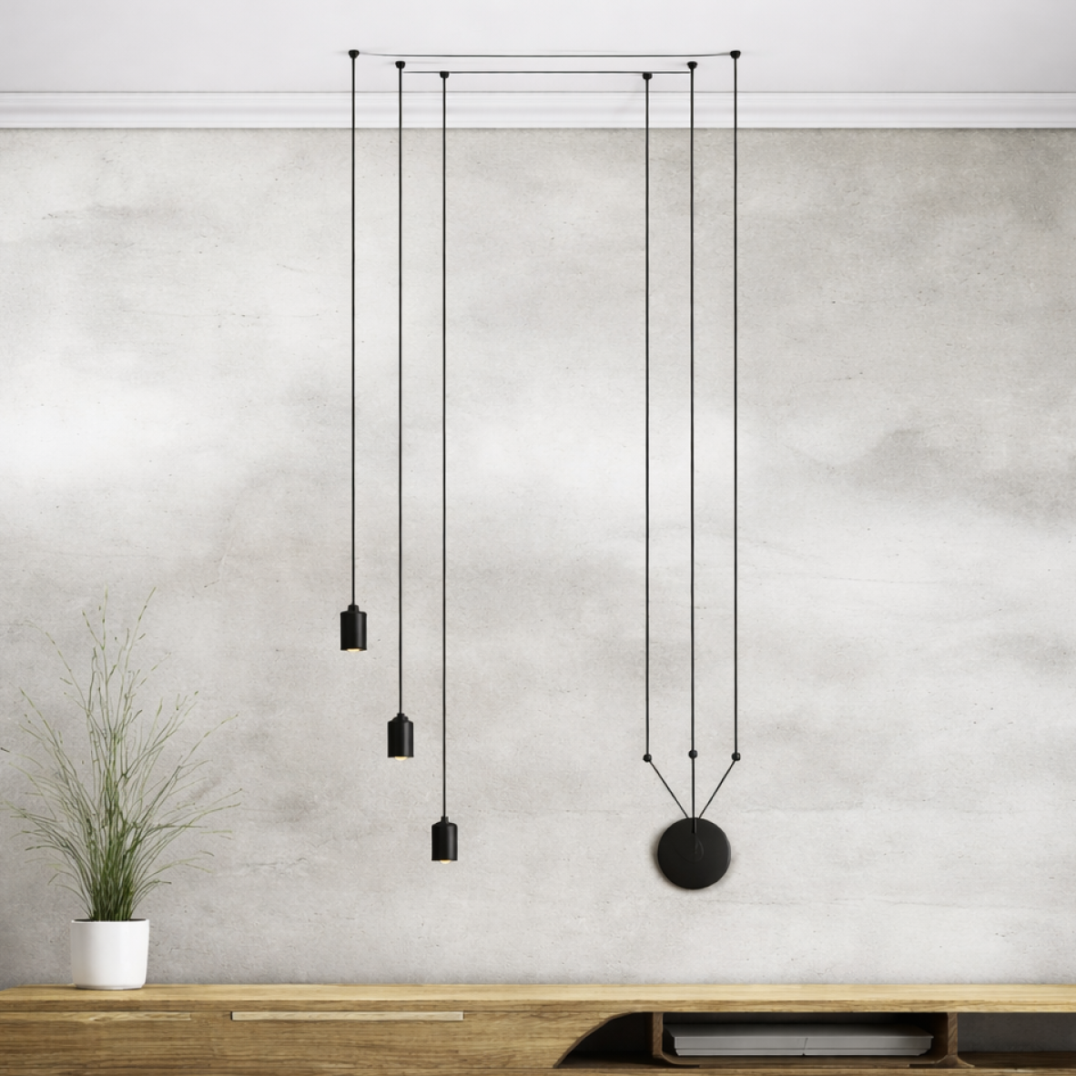Modern black pendant light fixture on a neutral background