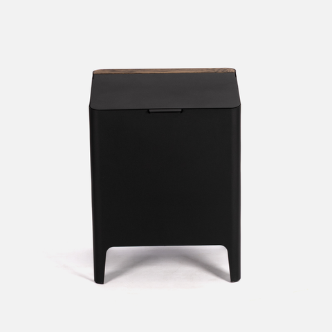 Locally designed dustbin with oak detail on a white background