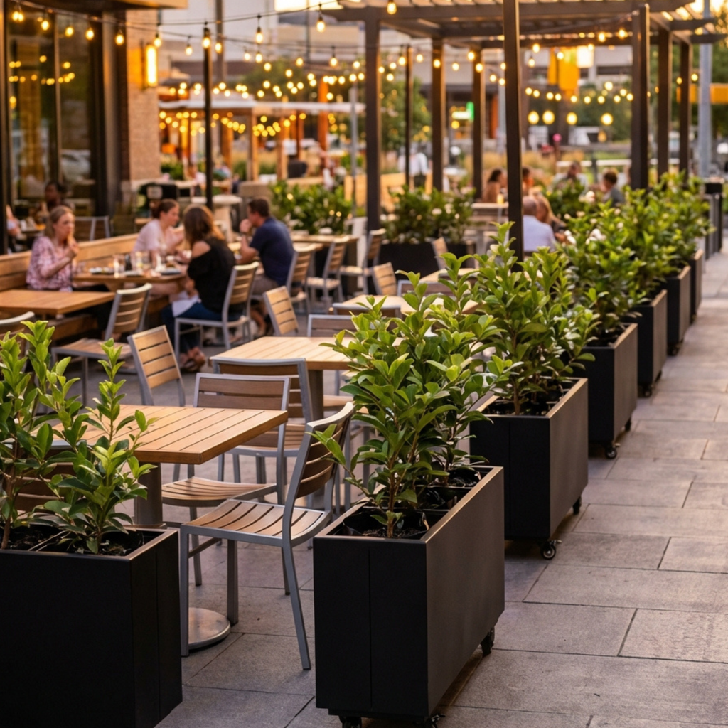 Outdoor dining area with planter boxes