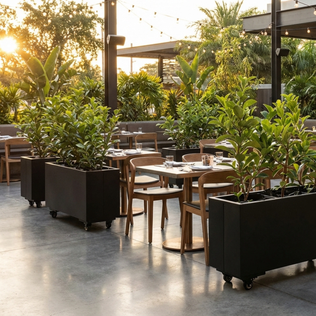Outdoor dining area with tables, chairs, and potted plants in a garden setting.