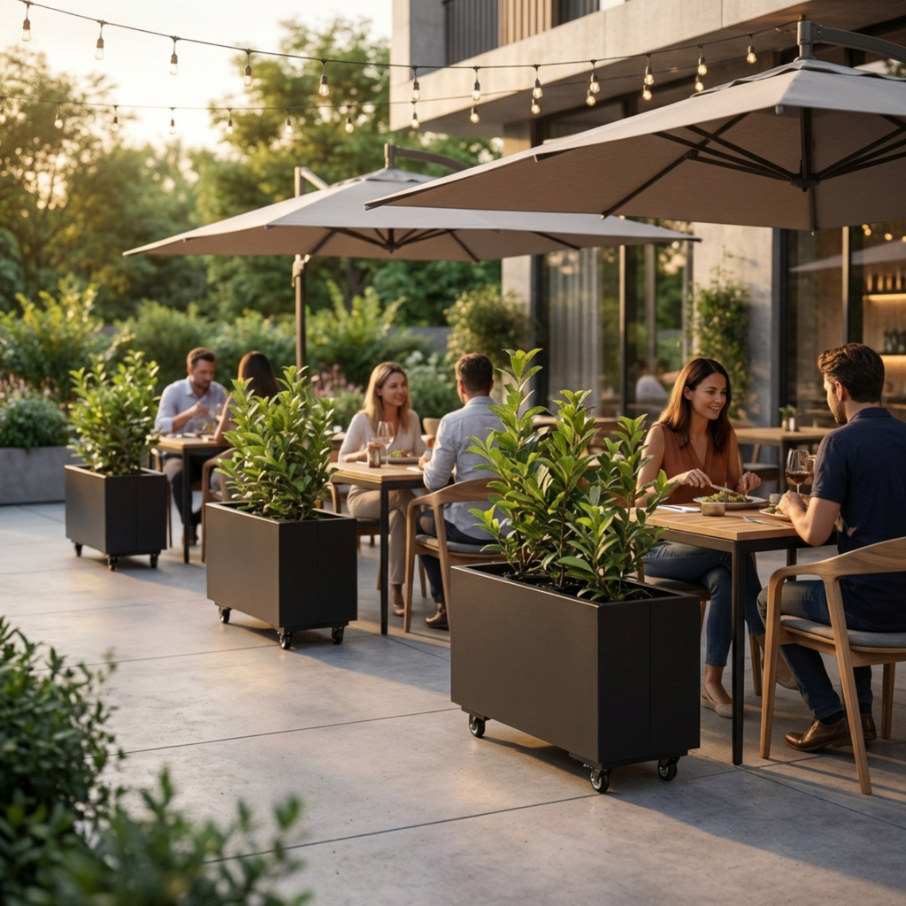 People dining outdoors with tables, chairs, and umbrellas on a patio.