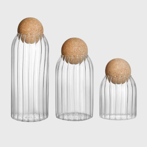 Ribbed Glass & Cork Storage Jar - Set Of 3