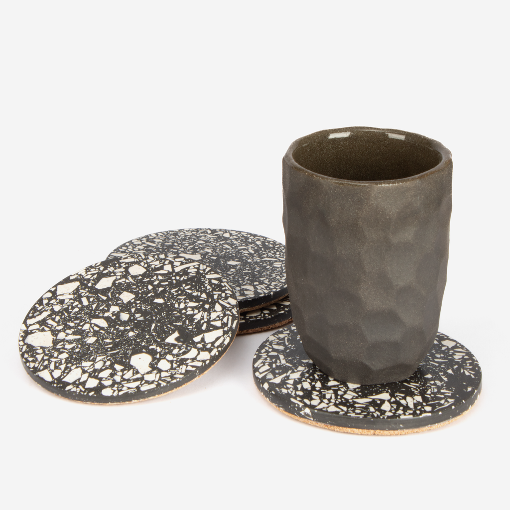 Set Of 4 Round Coasters - Black Terrazzo