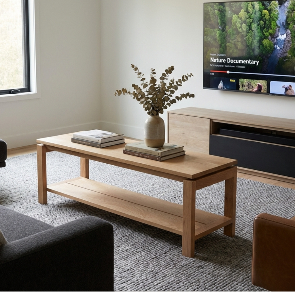 Wooden coffee table in a living room with a TV displaying a nature documentary.