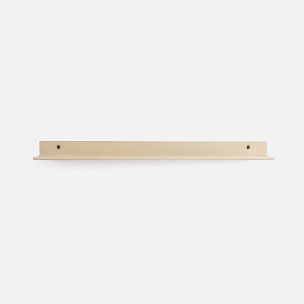 A minimalist, single-tier floating shelf in a light natural finish, shown from a front-facing perspective against a clean, solid off-white background.