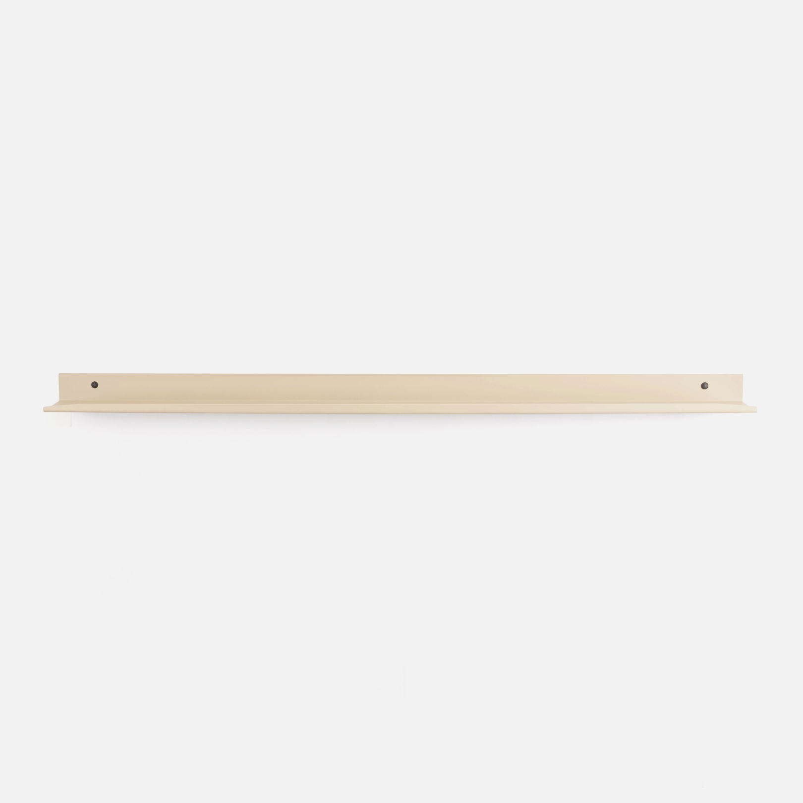 A minimalist, slim wall-mounted steel shelf in a light natural beige finish, shown against a solid white background.