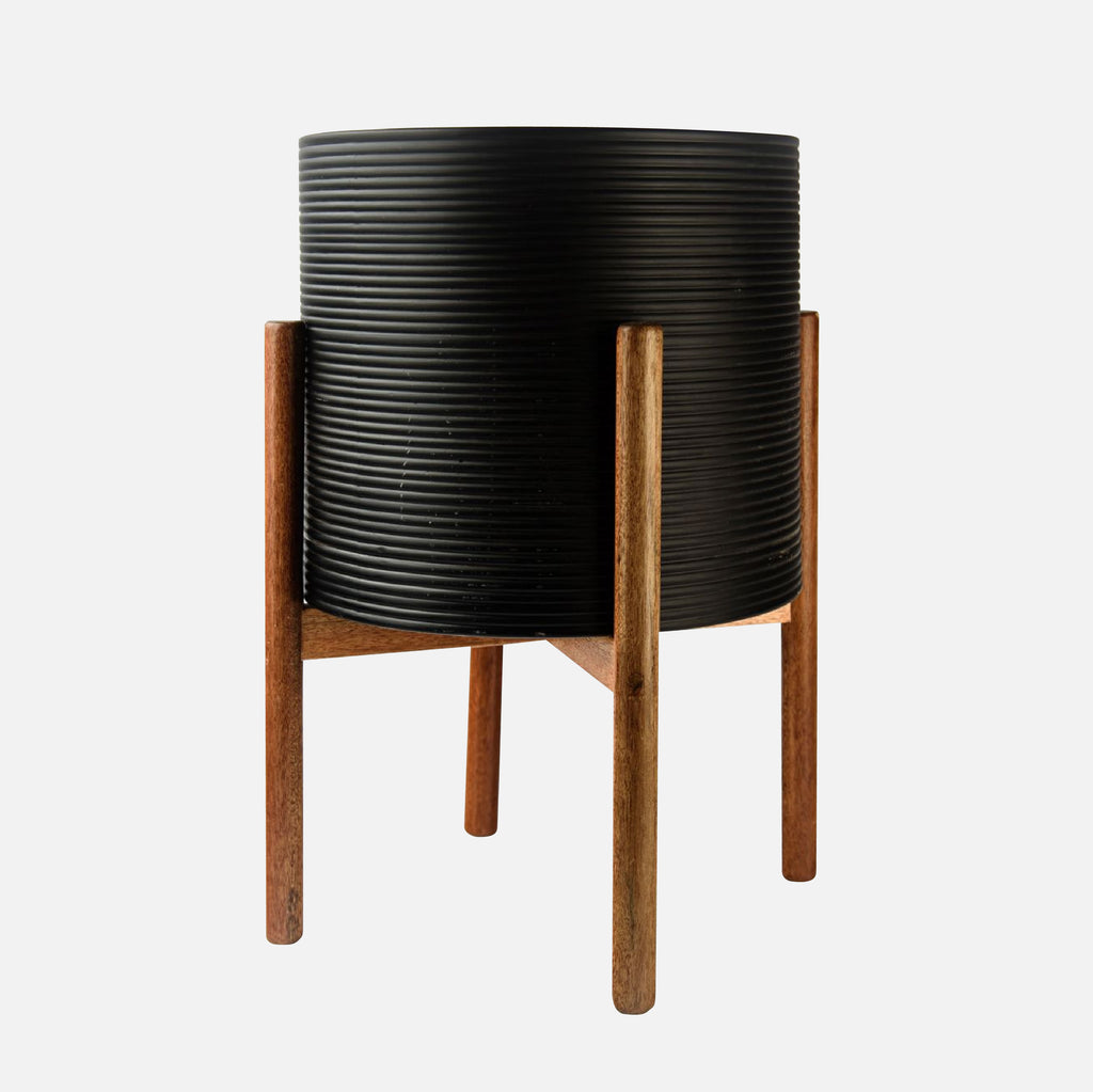 Ribbed Floor Planter with Stand - Black